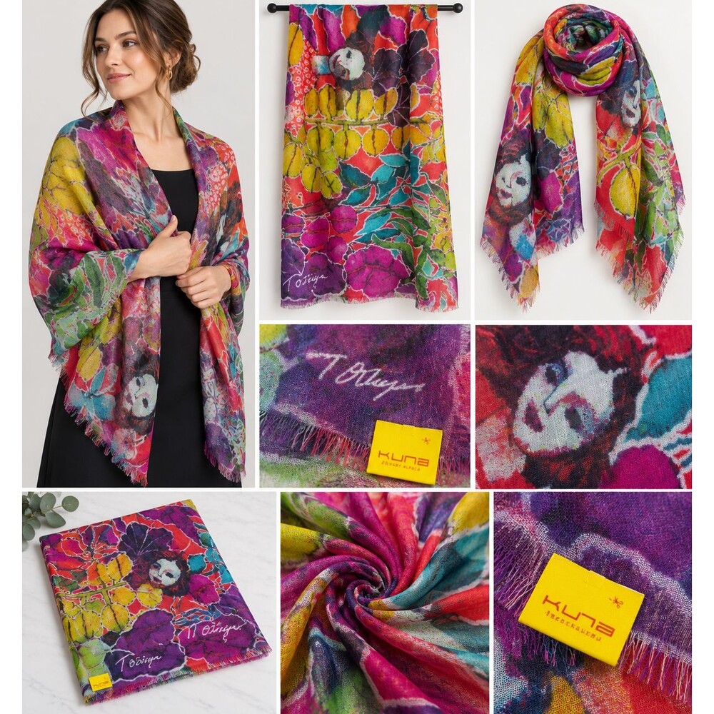OAK KUNA Peru Baby Alpaca Silk Shawl Artist Signed Floral Wrap Wearable Art NWOT